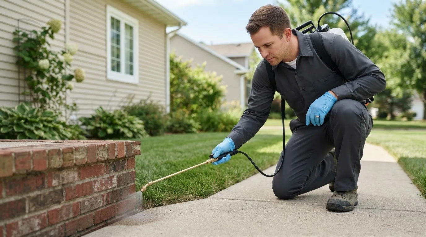 Pest control technician treating a home near Vallonia, IN