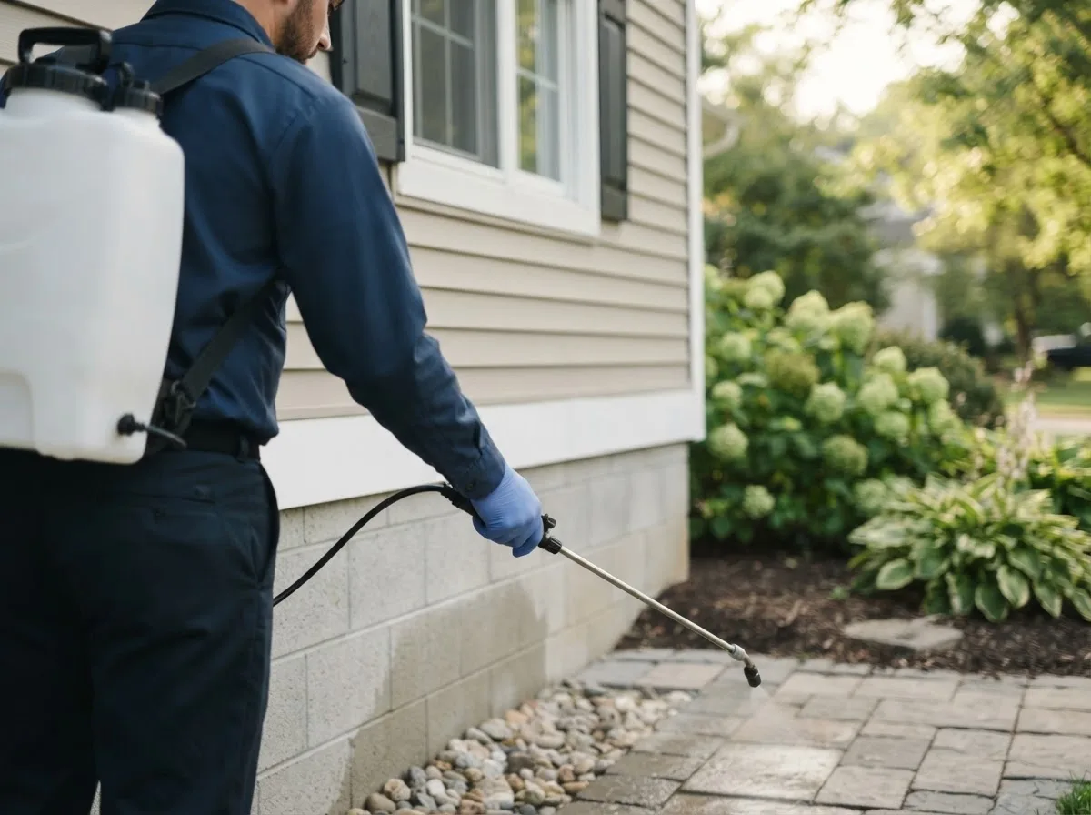 Pest control technician inspecting a home in Vallonia, IN